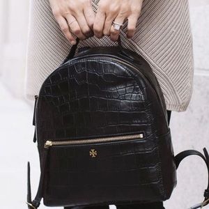 Tory Burch Black Leather Croc-Embossed Backpack